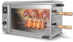 Here is the meta description:

"Indulge in smoky flavors with this indoor/outdoor rotisserie grill roaster featuring 2 auto rotating skewers for chicken, steak, fish and more. Perfect for apartment or home use."