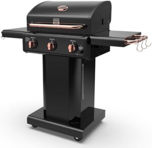Boost your outdoor cooking with the Kenmore 3-Burner Gas Grill. Enjoy foldable side tables, cast iron grates, and a warming rack for convenient meals. Perfect for BBQ enthusiasts, this grill features 30,000 BTUs and a stylish black finish with copper accents.