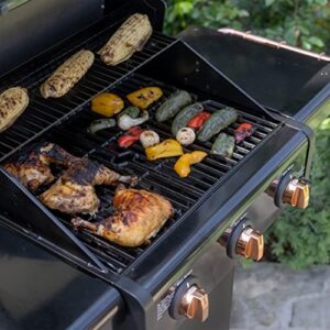 Boost your outdoor cooking with the Kenmore 3-Burner Gas Grill. Enjoy foldable side tables, cast iron grates, and a warming rack for convenient meals. Perfect for BBQ enthusiasts, this grill features 30,000 BTUs and a stylish black finish with copper accents.