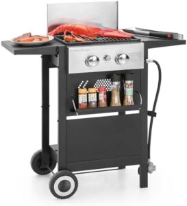 Get sizzling flavors with the Captiva Designs 2-Burner Propane Gas BBQ Grill featuring a cast iron griddle pan, perfect for small outdoor spaces, patios, backyards, and balconies.