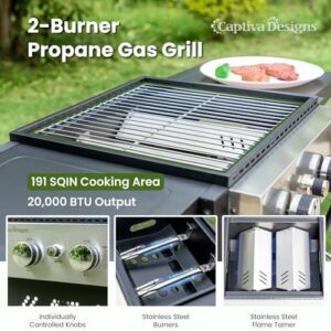 Get sizzling flavors with the Captiva Designs 2-Burner Propane Gas BBQ Grill featuring a cast iron griddle pan, perfect for small outdoor spaces, patios, backyards, and balconies.