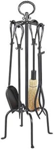 Warm up your fireplace with the Loop 5-piece Wrought Iron Fireplace Tool Set, featuring graphite handles for a modern touch. Perfect for any cozy space, this set includes tongs, shovel, and more.