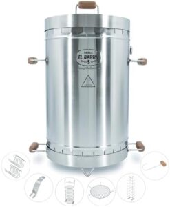 Discover the EL BARRIL 45lbs Grill & Smoker Barrel, a portable stainless steel charcoal smoker grill with even heat distribution and grilling accessories, perfect for outdoor enthusiasts.
