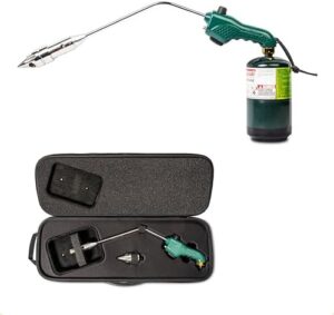 "Boost your outdoor adventures with the Green Fire Starter Torch, featuring a tri-flame tip and compatibility with propane and MAP/PRO. Includes case for easy storage."