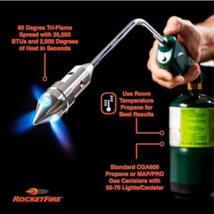 "Boost your outdoor adventures with the Green Fire Starter Torch, featuring a tri-flame tip and compatibility with propane and MAP/PRO. Includes case for easy storage."