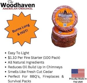 Here is the optimized SEO meta description:

"Light up your outdoor adventures with Woodhaven Easy Light Firestarters, made from natural cedar wood and perfect for starting fires, BBQs, camping, and survival packs - 100 pack included."