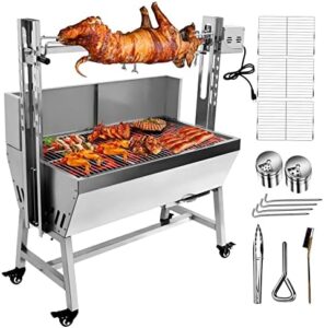 "Experience the perfect blend of flavor and convenience with this 132LBS stainless steel rotisserie grill, featuring a powerful 25W motor and back cover guard. Perfect for camping or outdoor kitchens, cooking small pig or lamb to perfection."
