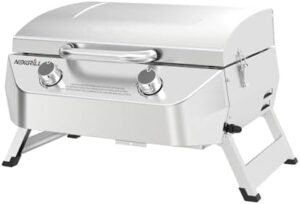 "Upgrade your outdoor cooking with the Nexgrill Stainless Steel 2-Burner Portable Gas Grill. Features 20,000 BTUs and 251 SQ In cooking space for camping, patios, and more. Compact design with locking lid and folding legs."