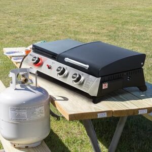 "Savor outdoor cooking with the Royal Gourmet PD1305H propane gas grill and griddle combo, featuring 3 burners, 29,000 BTUs output, and a spacious 364 sq. in. cooking area. Perfect for family gatherings and backyard barbecues."