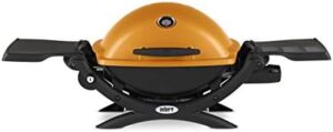 Perfect outdoor cooking experience with Weber Q1200 Liquid Propane Grill, Orange. Compact and portable, ideal for camping or backyard gatherings, with 280 sq in grilling area and adjustable heat control.