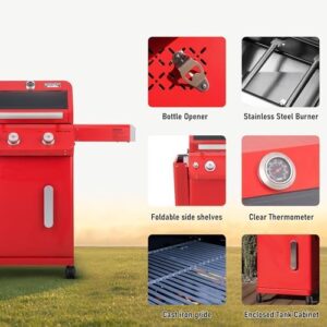 Here is the meta description:

"Upgrade your outdoor cooking with Monument Grills' 2-Burner Stainless Steel Liquid Propane Gas Grill featuring clear view lid, knob control and foldable shelves. Perfect for patio or garden BBQs, includes protective cover."