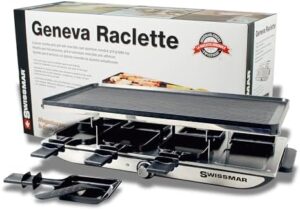 Here is the output:

"Experience perfect raclette grill gatherings with Swissmar's Geneva model, featuring a reversible cast aluminum top for indoor & outdoor use, ideal for 8 people."