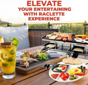 Here is the output:

"Experience perfect raclette grill gatherings with Swissmar's Geneva model, featuring a reversible cast aluminum top for indoor & outdoor use, ideal for 8 people."