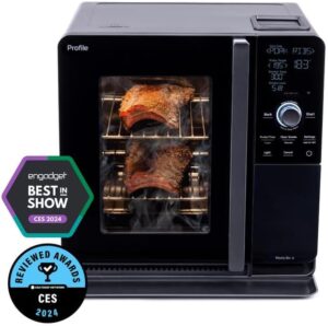 "Upgrade your backyard grilling experience with the GE Profile Smart Indoor Pellet Smoker, featuring Active Smoke Filtration and 5 Smoke Control Settings. WiFi connected for easy control. Compact countertop design perfect for small spaces."