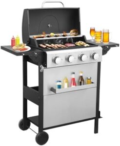 Experience the ultimate outdoor cooking experience with this 4 burner gas grill featuring a spice rack, foldable tables, and durable stainless steel burner. Perfect for patio and garden barbecues! Up to 34,200 BTU heat output.