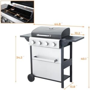 Experience the ultimate outdoor cooking experience with this 4 burner gas grill featuring a spice rack, foldable tables, and durable stainless steel burner. Perfect for patio and garden barbecues! Up to 34,200 BTU heat output.