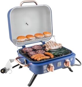 "Upgrade your outdoor cooking experience with the Kenmore Portable Propane Gas Grill, featuring stainless steel burners and a warming rack for 2-in-1 grilling. Perfect for camping, Navy & Copper inspired design."