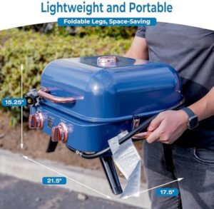 "Upgrade your outdoor cooking experience with the Kenmore Portable Propane Gas Grill, featuring stainless steel burners and a warming rack for 2-in-1 grilling. Perfect for camping, Navy & Copper inspired design."