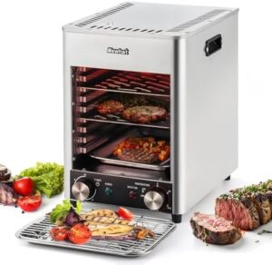 Here is the optimized SEO meta description:

"Indulge in restaurant-quality steaks at home with this Newhai Electric Steak Broiler, featuring 1700W power, adjustable time and temperature control for perfect beef, chicken or vegetable grilling. Perfect for carnivores!"