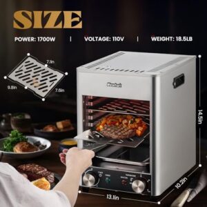 Here is the optimized SEO meta description:

"Indulge in restaurant-quality steaks at home with this Newhai Electric Steak Broiler, featuring 1700W power, adjustable time and temperature control for perfect beef, chicken or vegetable grilling. Perfect for carnivores!"