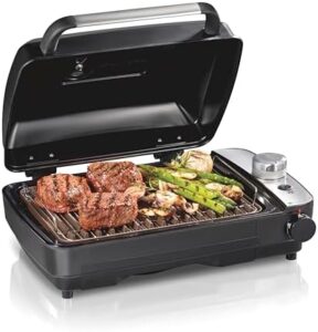Here is the optimized SEO meta description:

"Indoor grill with hot and cold smoke infuser, 150°F - 450°F temperature control for perfect searing, vented hood and fan. 116 Sq. In. non-stick cooking surface, great value with discounts available!"