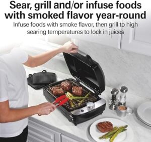 Here is the optimized SEO meta description:

"Indoor grill with hot and cold smoke infuser, 150°F - 450°F temperature control for perfect searing, vented hood and fan. 116 Sq. In. non-stick cooking surface, great value with discounts available!"