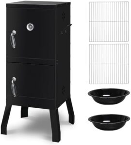 Discover the ultimate outdoor smoker! Outvita's Double Doors Vertical Charcoal Smoker features 2 detachable grill netting smoking racks, perfect for lawn picnics and backyard BBQs.