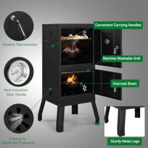 Discover the ultimate outdoor smoker! Outvita's Double Doors Vertical Charcoal Smoker features 2 detachable grill netting smoking racks, perfect for lawn picnics and backyard BBQs.