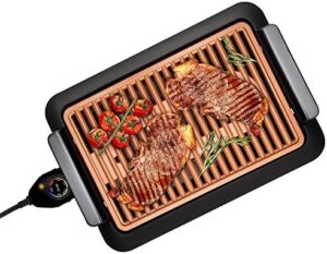 Here is the optimized SEO meta description:

"Indoor smokeless grill for barbecues without smoke, featuring ultra nonstick surface, temp control, and metal utensil safety. Perfect for cooking indoors with ease!"