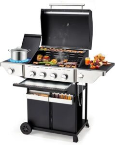Savor outdoor cooking with this 4-Burner Propane Gas Grill featuring a side burner and stainless steel spice rack, perfect for 542 Sq.In BBQs in kitchen, garden or backyard.
