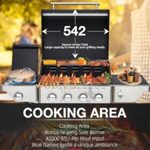 Savor outdoor cooking with this 4-Burner Propane Gas Grill featuring a side burner and stainless steel spice rack, perfect for 542 Sq.In BBQs in kitchen, garden or backyard.