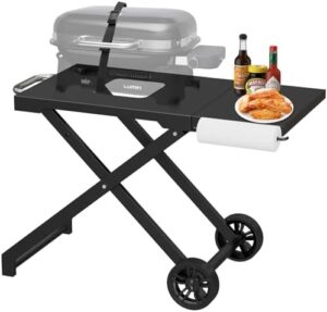 Discover the perfect companion for your Weber Lumin compact outdoor electric barbecue. This portable grill cart features a folding design, side table, and ample storage space for easy outdoor cooking experiences.
