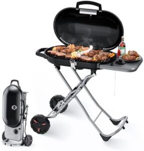 Here is the optimized SEO meta description:

"Experience outdoor cooking with ease using the Cowsar Portable Propane Gas Grill, featuring 348 SQ Inch of cooking space and quick-fold legs & wheels for camping, tailgating or picnics. Perfect for any adventure!"