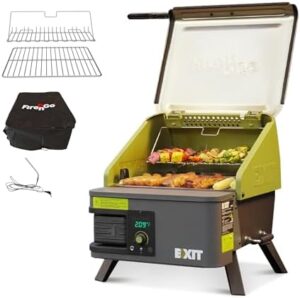 Perfect portable pellet grill experience with Exit Fire'n'Go's 20V electric smoker, featuring 287 Sq.In. cooking area and temperature control (160-500°F) for camping, tailgating, RV use.