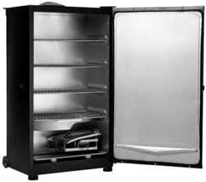 Masterbuilt's digital electric vertical BBQ smoker features a 40-inch design with side wood chip loader, chrome smoking racks, and 970 square inches of cooking space in black. Save big on your outdoor cooking needs!