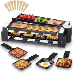 Here is the optimized SEO meta description:

"Transform your gatherings with the FOHERE Rotating Raclette Grill, a 2-in-1 table grill and BBQ grill with non-stick plates, featuring 8 cheese pans for family fun. Perfect for indoor parties!"