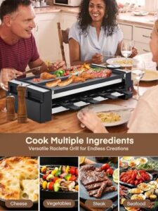 Here is the optimized SEO meta description:

"Transform your gatherings with the FOHERE Rotating Raclette Grill, a 2-in-1 table grill and BBQ grill with non-stick plates, featuring 8 cheese pans for family fun. Perfect for indoor parties!"