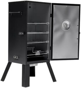 Here is the optimized SEO meta description:

"Masterbuilt's Electric Vertical BBQ Smoker with analog temperature control and chrome racks offers 535 square inches of cooking space. Perfect for grilling enthusiasts, this black model ensures smoky flavors every time. Limited discounts available!"