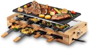 Here is the meta description:

"Experience the perfect indoor grill with CUSIMAX Raclette Table Grill, featuring 1500W power and reversible non-stick plate. Perfect for parties and gatherings, comes with 8 trays and wooden spatulas. New model!"