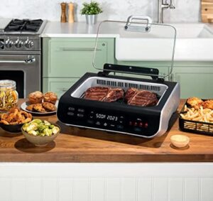 Here is the generated SEO meta description:

"Indulge in smokeless grilling and air frying with Gourmia's Indoor Grill & Air Fryer, featuring Smoke Extracting Technology and Extra-Large Nonstick Cooking. Perfect for Korean BBQ Style cooking, 6 Quart capacity."