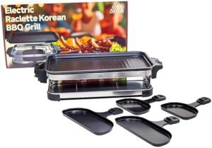 Savor cozy dinners and date nights with the Raclette Grill for 4, a smokeless indoor electric tabletop grill featuring dual-zone cooking. Perfect for family fun, it has an easy-clean nonstick surface.