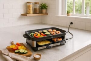 Savor cozy dinners and date nights with the Raclette Grill for 4, a smokeless indoor electric tabletop grill featuring dual-zone cooking. Perfect for family fun, it has an easy-clean nonstick surface.