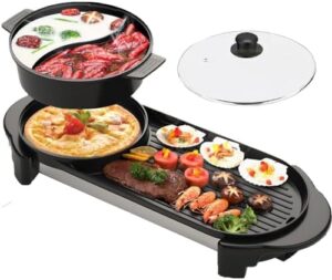 Cook up a feast with this 2-in-1 hot pot & grill combo! Perfect for groups of 2-12, featuring separate temperature control, large capacity baking tray, and removable hotpot pot. Enjoy Korean BBQ-style cooking with ease! (146 characters)