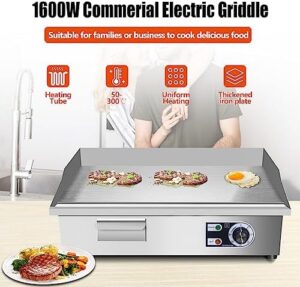Here is the meta description:

"Commercial-grade electric griddle for restaurants and homes, featuring non-stick stainless steel surface, adjustable temperature control, and 110V power. Perfect for grilled meals and snacks, with compact design for easy storage."