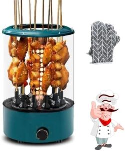 Here is the optimized meta description:

"360° rotating grill with anti-scalding design and rapid heating. Perfect for home parties, this electric BBQ grill accommodates skewers for effortless roasting."