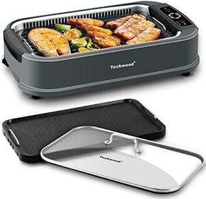Unlock flavorful meals indoors with the Techwood Smokeless Grill, featuring 1500W power, tempered glass lid, and removable grill/griddle plates. Perfect for Korean BBQ enthusiasts and indoor cooking enthusiasts alike!