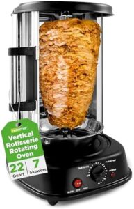 Here is the optimized SEO meta description:

"Perfect your shawarma and kebab game with this NutriChef vertical oven, featuring a rotating design, stain-resistant finish, and energy-efficient operation. Includes 7 skewers and a kebab rack for effortless cooking."