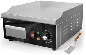 Sear with precision using this commercial-grade electric griddle, featuring a 14-inch stainless steel flat top grill and adjustable temperature control (90℉-575℉) for home or restaurant use.