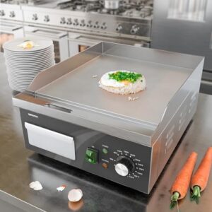 Sear with precision using this commercial-grade electric griddle, featuring a 14-inch stainless steel flat top grill and adjustable temperature control (90℉-575℉) for home or restaurant use.