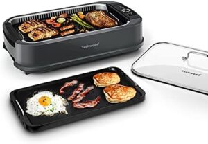 Here is the generated meta description:

"Indulge in smokeless grilling with Techwood's 1500W electric BBQ grill featuring temperature control, removable plates and tempered glass lid. Cook healthy meals at home!"
